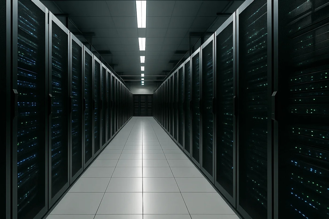 Interior fotorrealista de un centro de datos moderno con filas de servidores