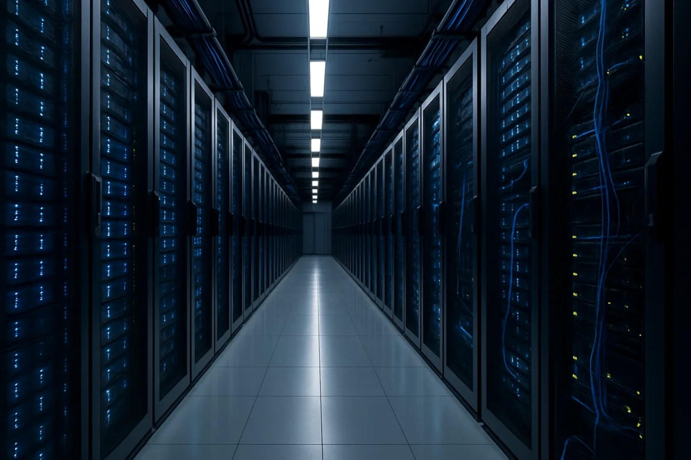 Pasillo central de un centro de datos moderno con servidores iluminados en azul y cables organizados