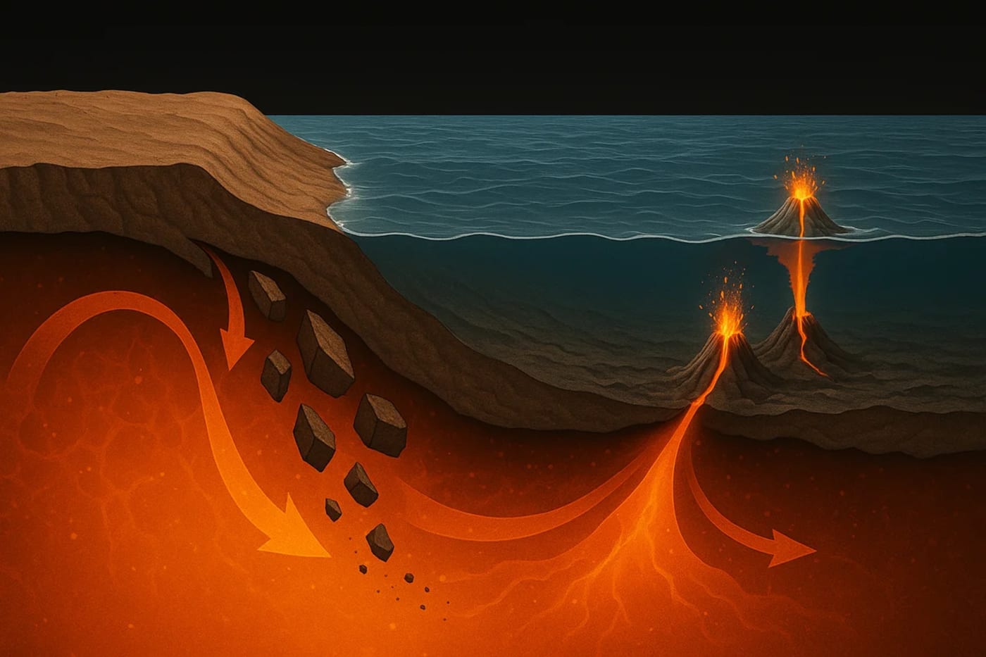 Ilustración geológica que muestra un corte transversal de la Tierra, con fragmentos continentales hundiéndose en el manto y alimentando volcanes submarinos bajo el océano
