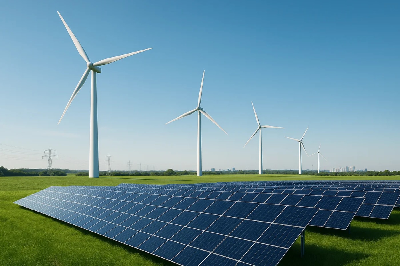 Campo europeo con paneles solares y aerogeneradores bajo un cielo despejado