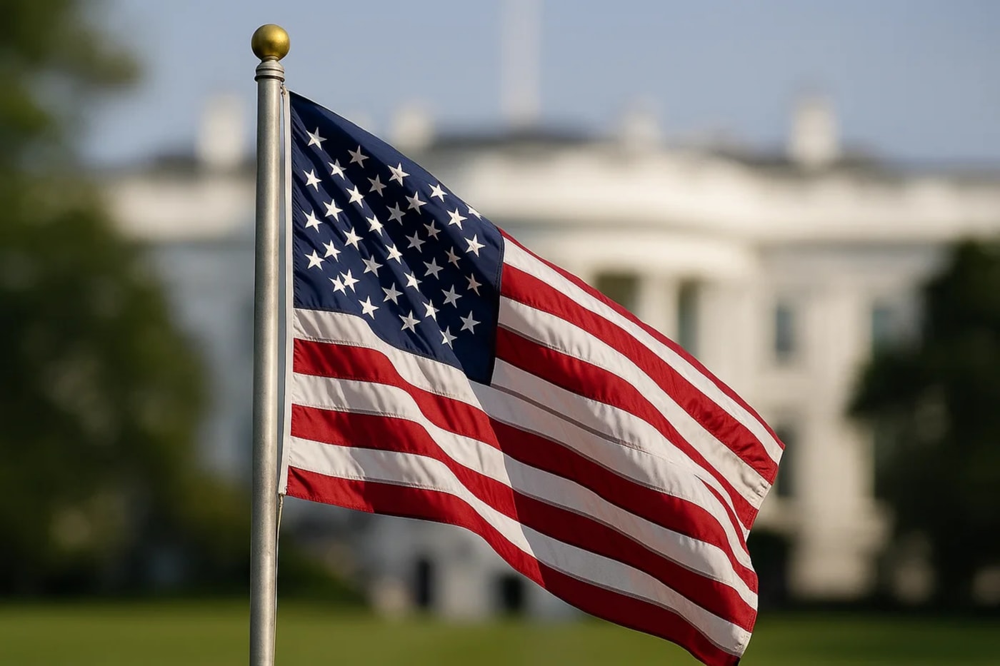 Primer plano de una bandera de Estados Unidos ondeando frente a la Casa Blanca desenfocada