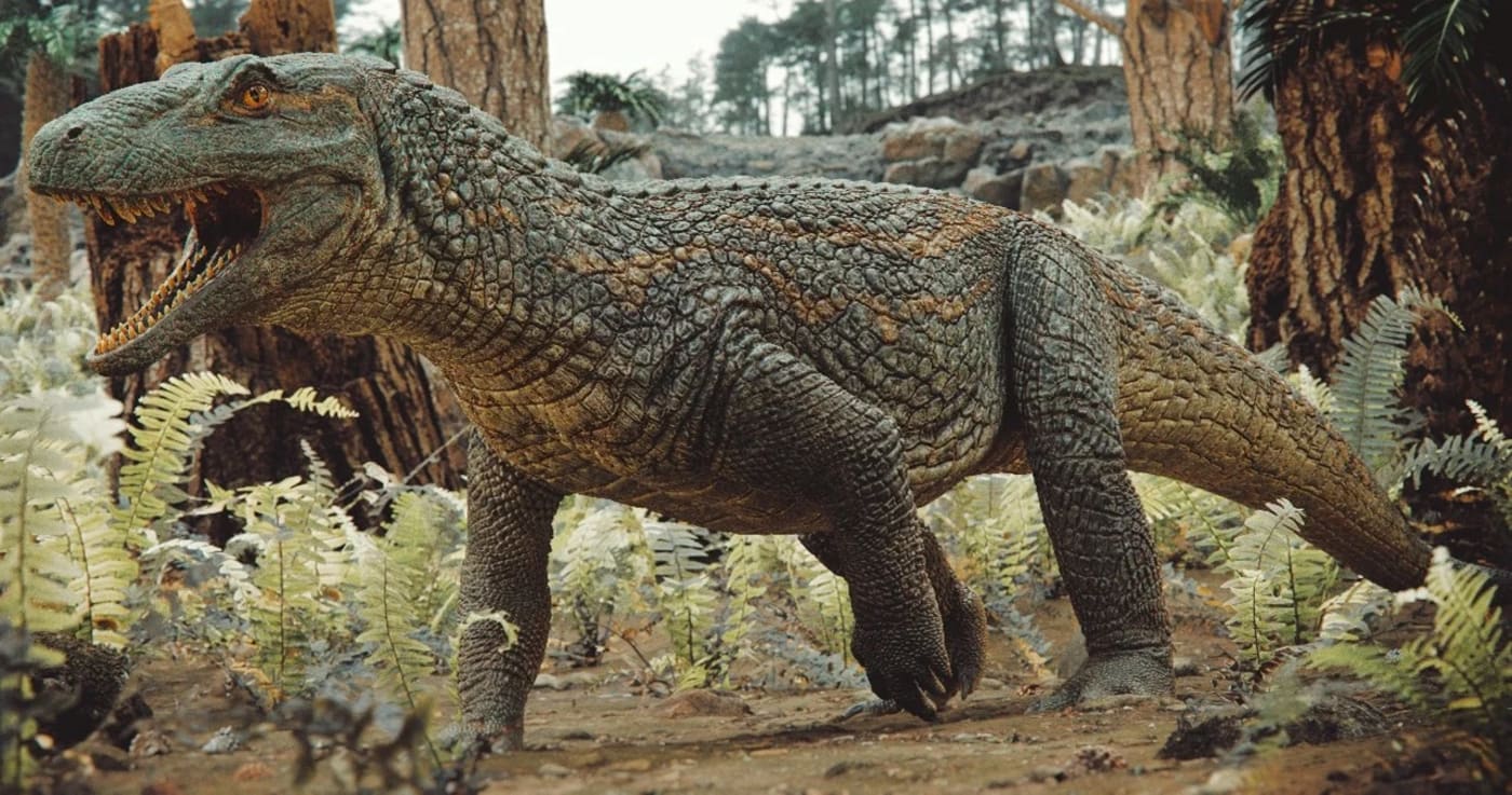 Reconstrucción ilustrada de Tainrakuasuchus bellator, un reptil acorazado precursor de los cocodrilos