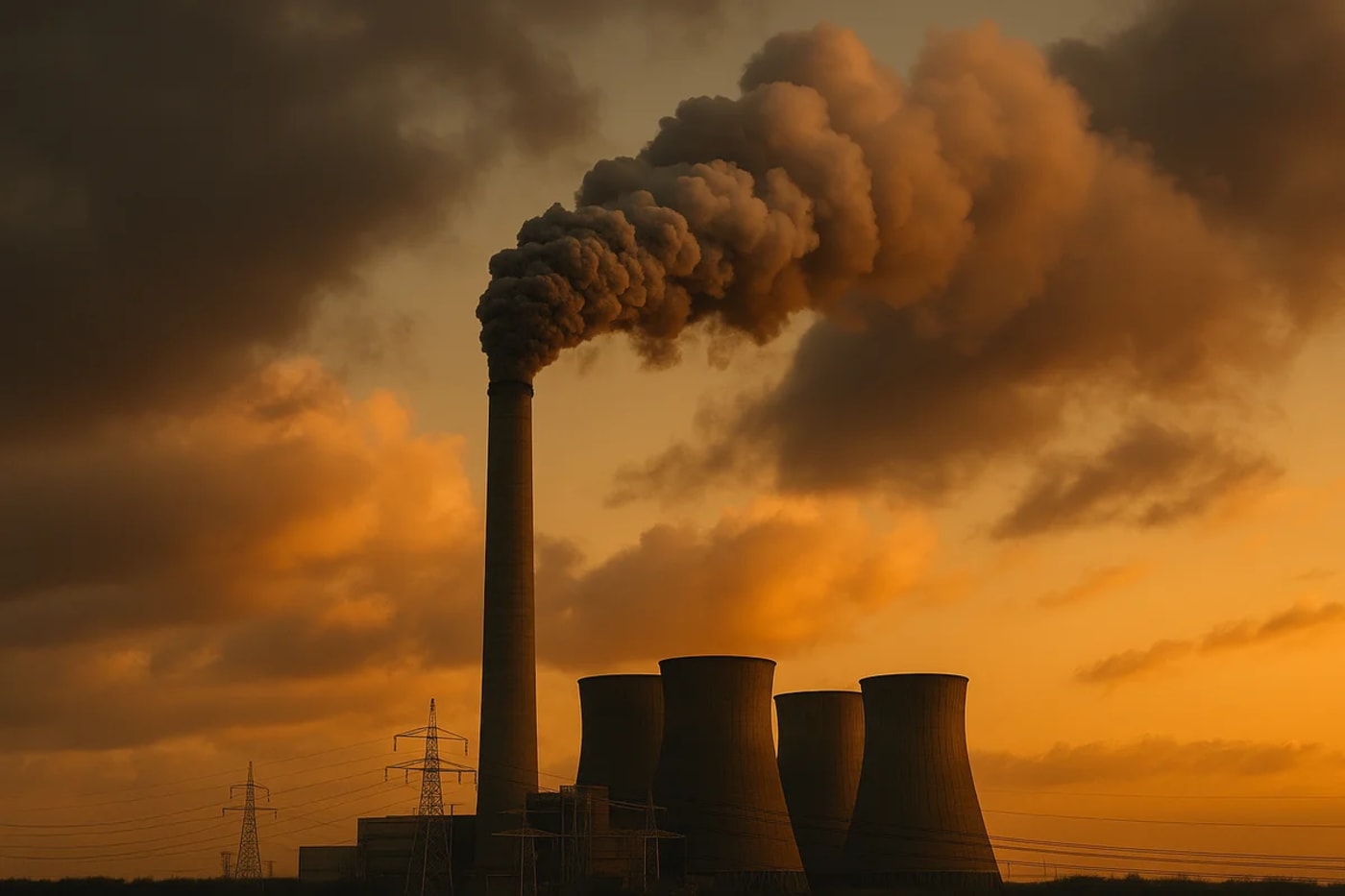 Planta industrial emitiendo una gran columna de humo al atardecer