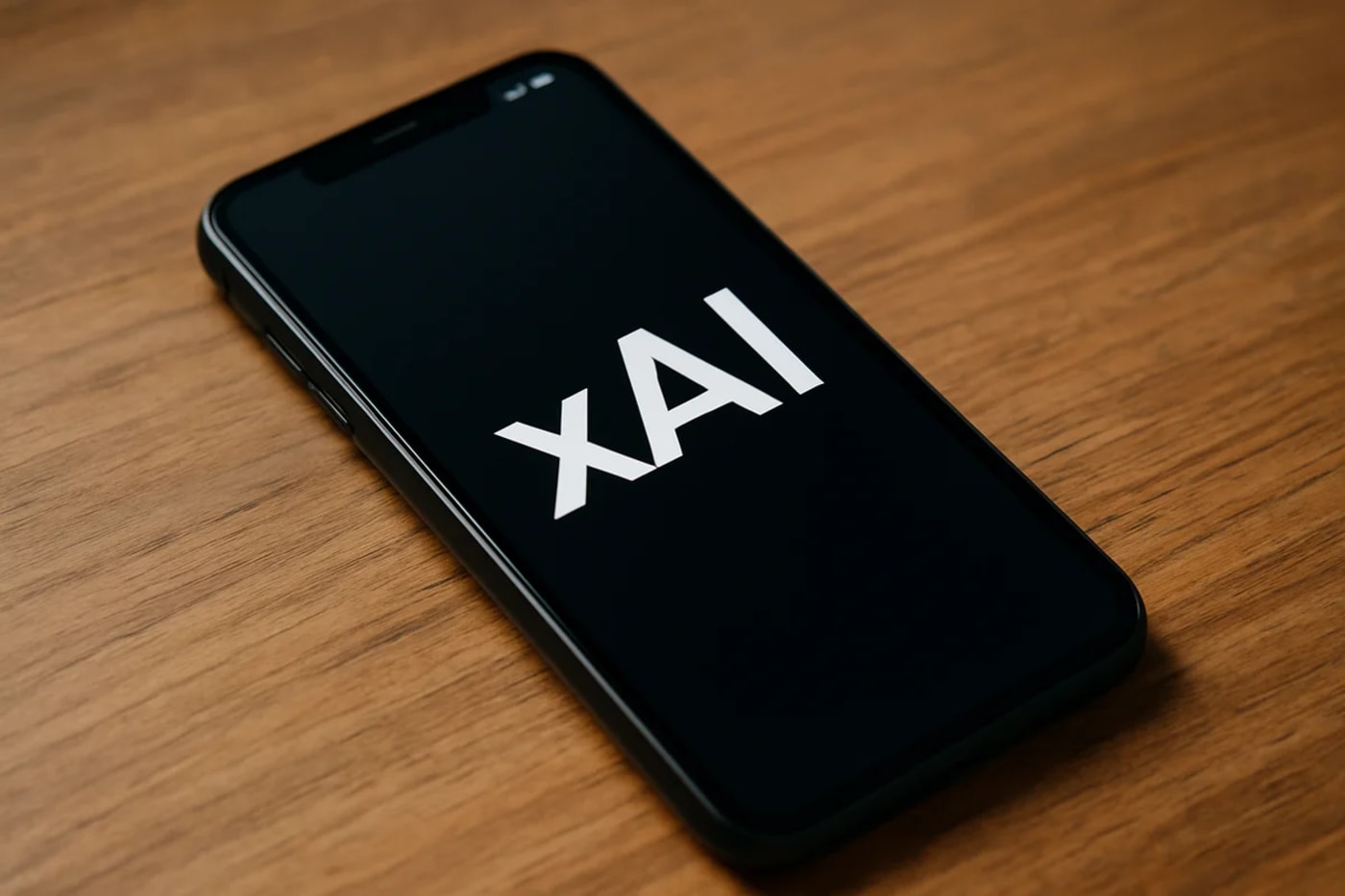 Teléfono móvil inclinado sobre una mesa de madera con la pantalla encendida mostrando el logotipo de xAI en fondo oscuro