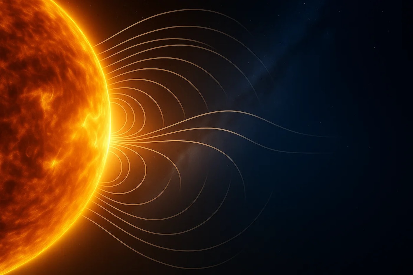 Superficie del Sol con líneas de campo magnético curvadas extendiéndose hacia el espacio