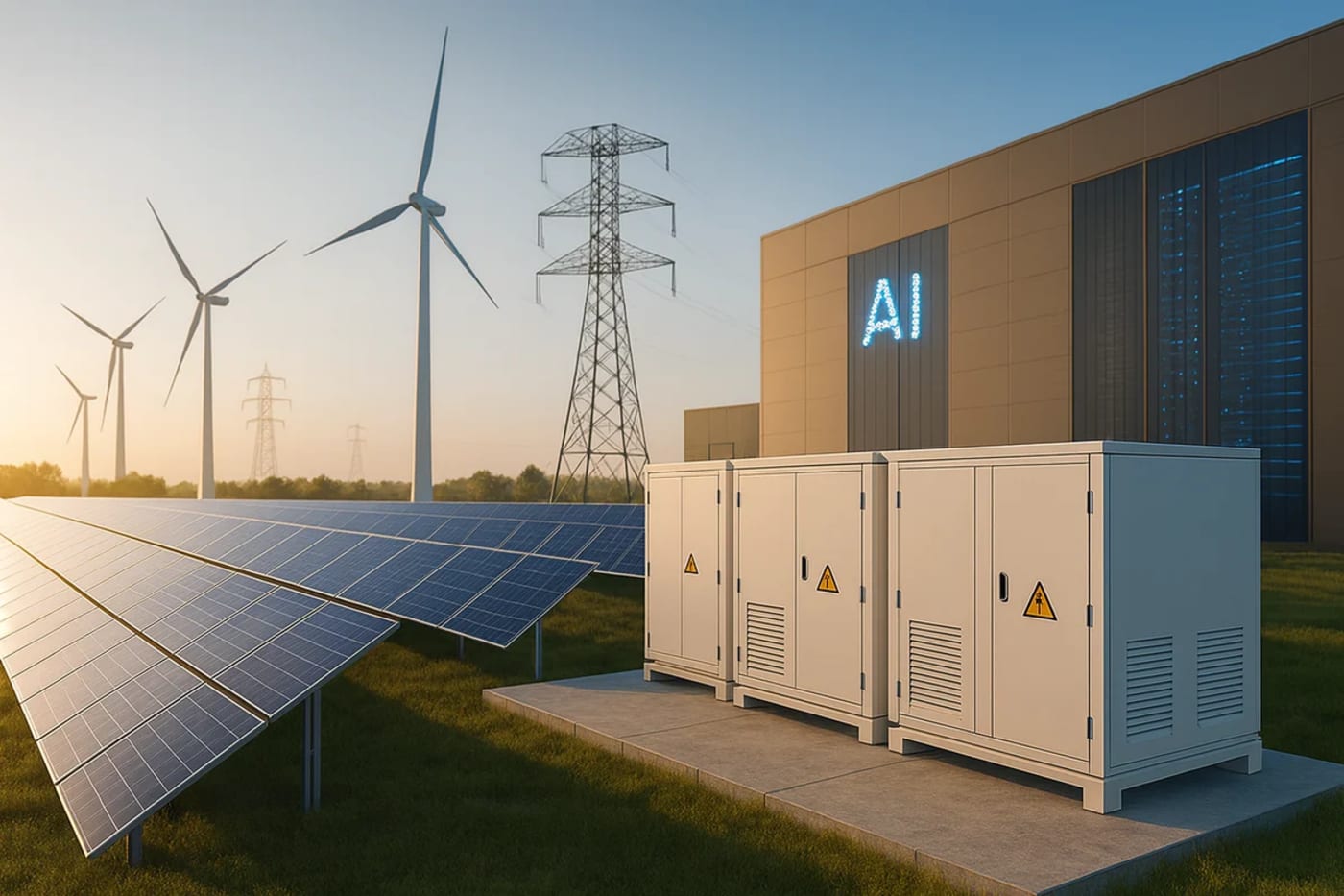Instalación de energía renovable con paneles solares y turbinas eólicas que alimentan un centro de datos
