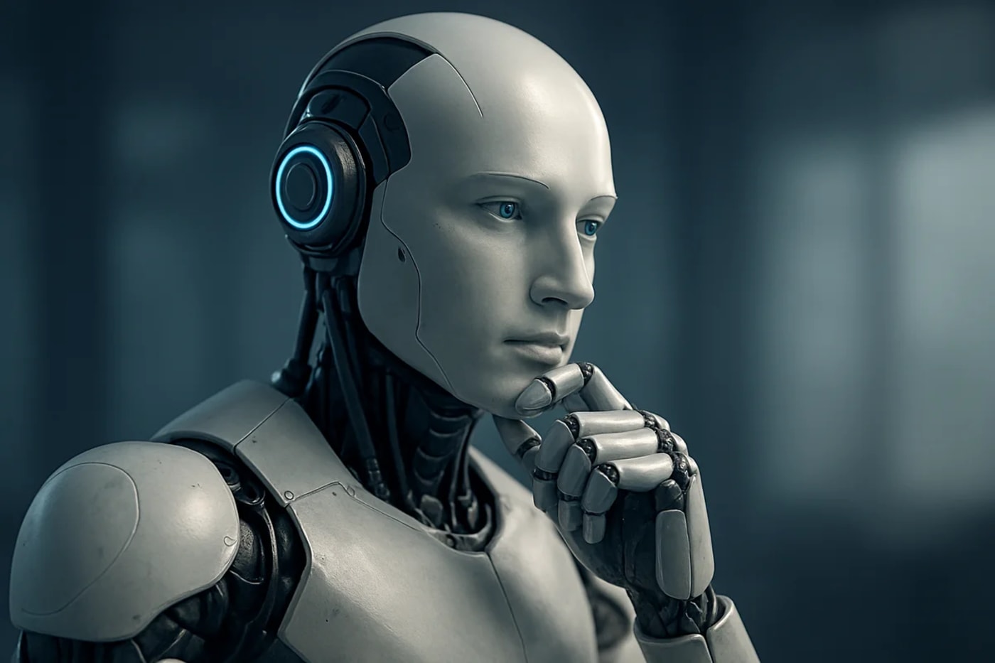 Robot humanoide metálico apoyado sobre una mesa, inclinado hacia adelante en actitud pensativa