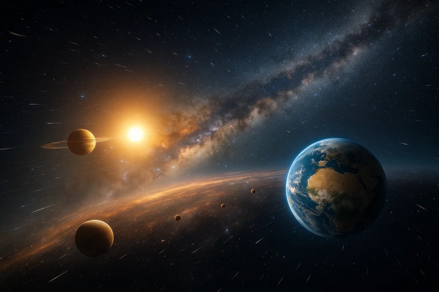 Ilustración espacial que muestra el sistema solar moviéndose a gran velocidad a través del cosmos, con un rastro luminoso y un fondo de radiogalaxias lejanas