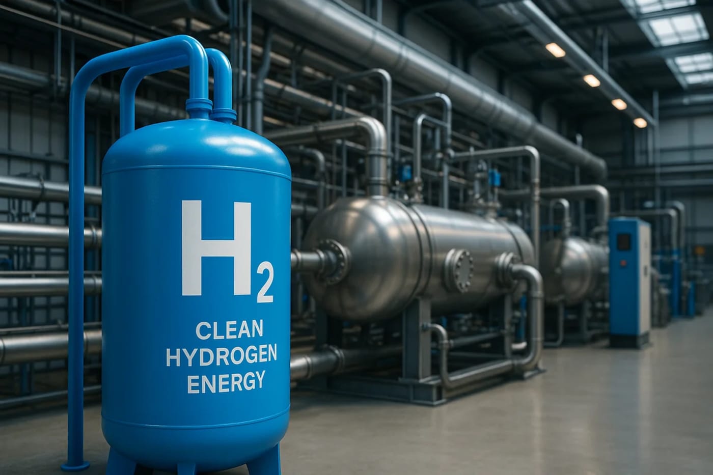 Tanque azul de almacenamiento de hidrógeno limpio en una planta industrial moderna, con tuberías metálicas y sistemas de producción de energía sostenible al fondo