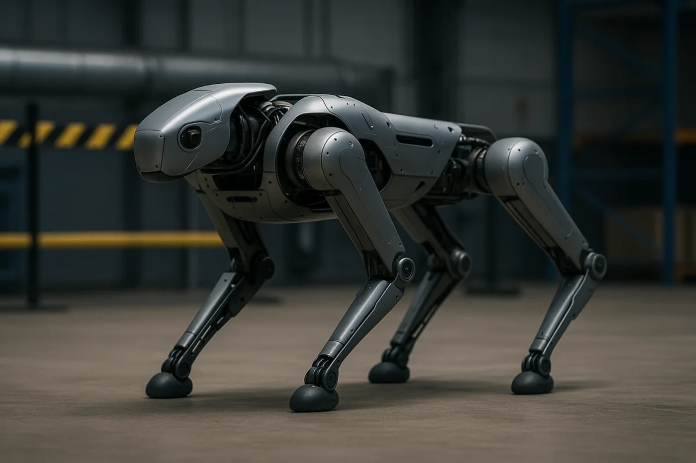 Robot cuadrúpedo futurista en primer plano, con diseño metálico y articulaciones avanzadas, caminando sobre un suelo industrial mientras una gran pantalla borrosa ilumina el fondo