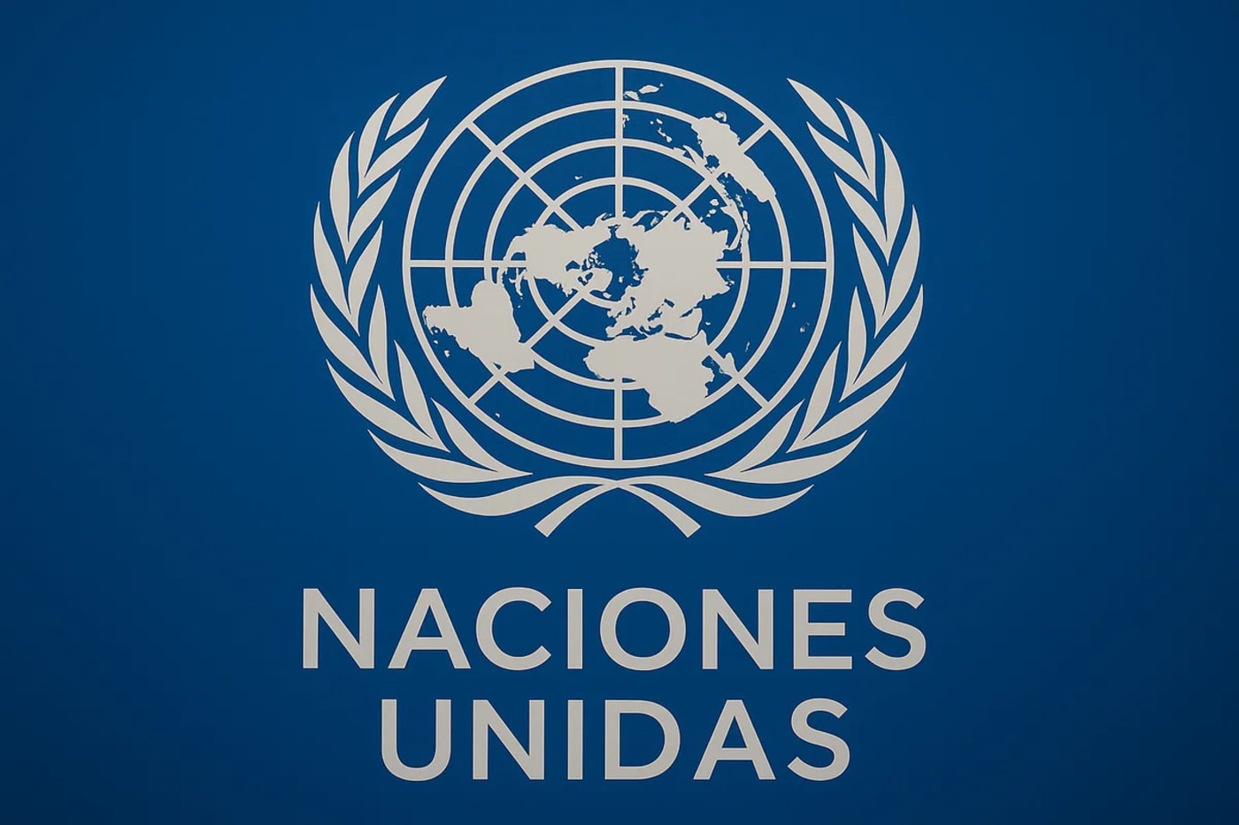 Emblema oficial de las Naciones Unidas acompañado del texto “Organización de las Naciones Unidas” sobre un fondo azul difuminado
