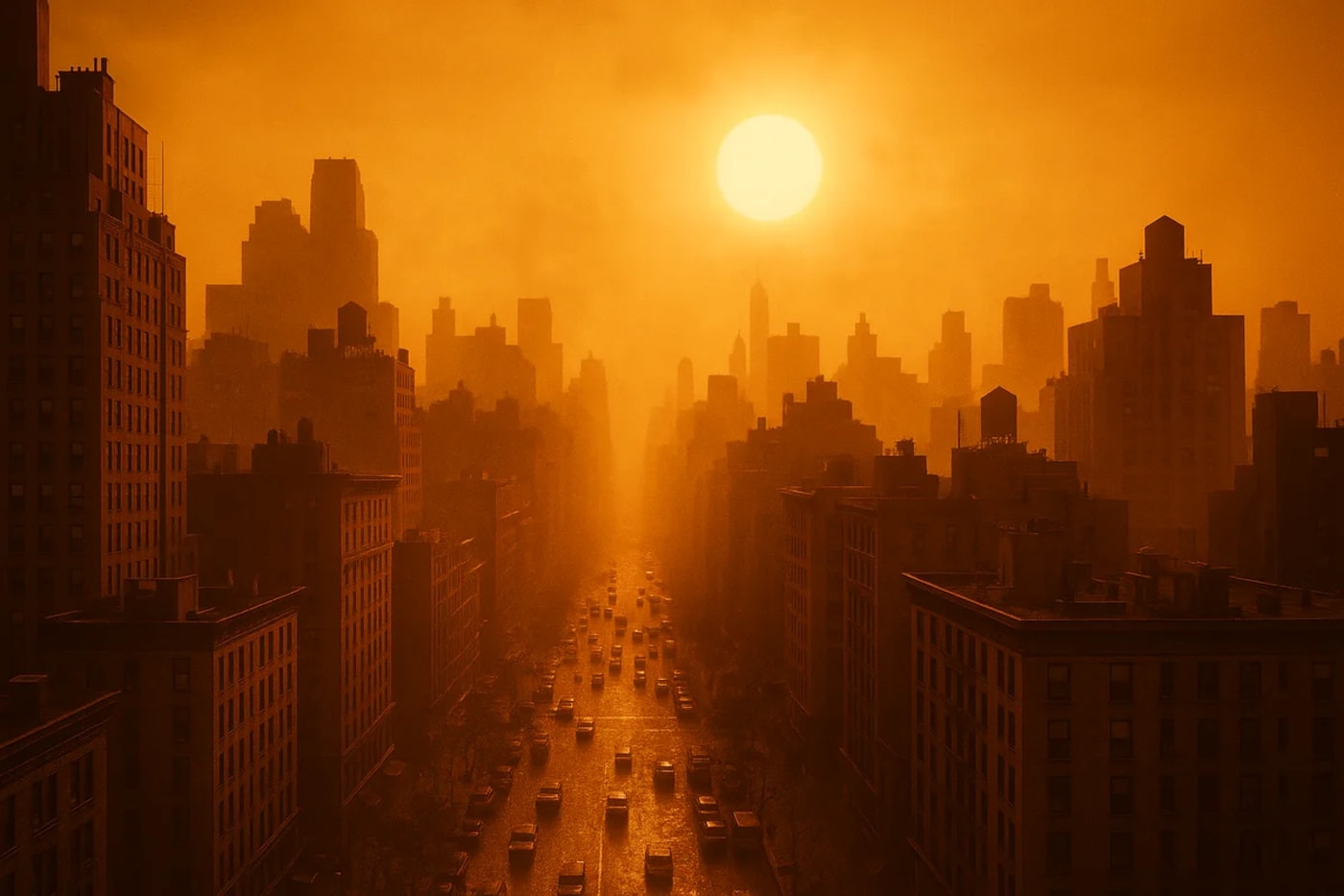 Ciudad moderna vista desde las alturas con un ambiente cálido y brumoso debido al intenso calor