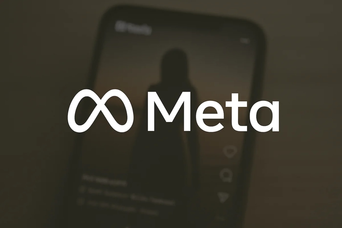 Logo de Meta sobre un fondo borroso con un teléfono mostrando un reel en pantalla