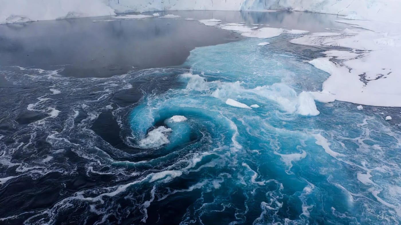 Remolino azul intenso formándose bajo el hielo en la Antártida Occidental