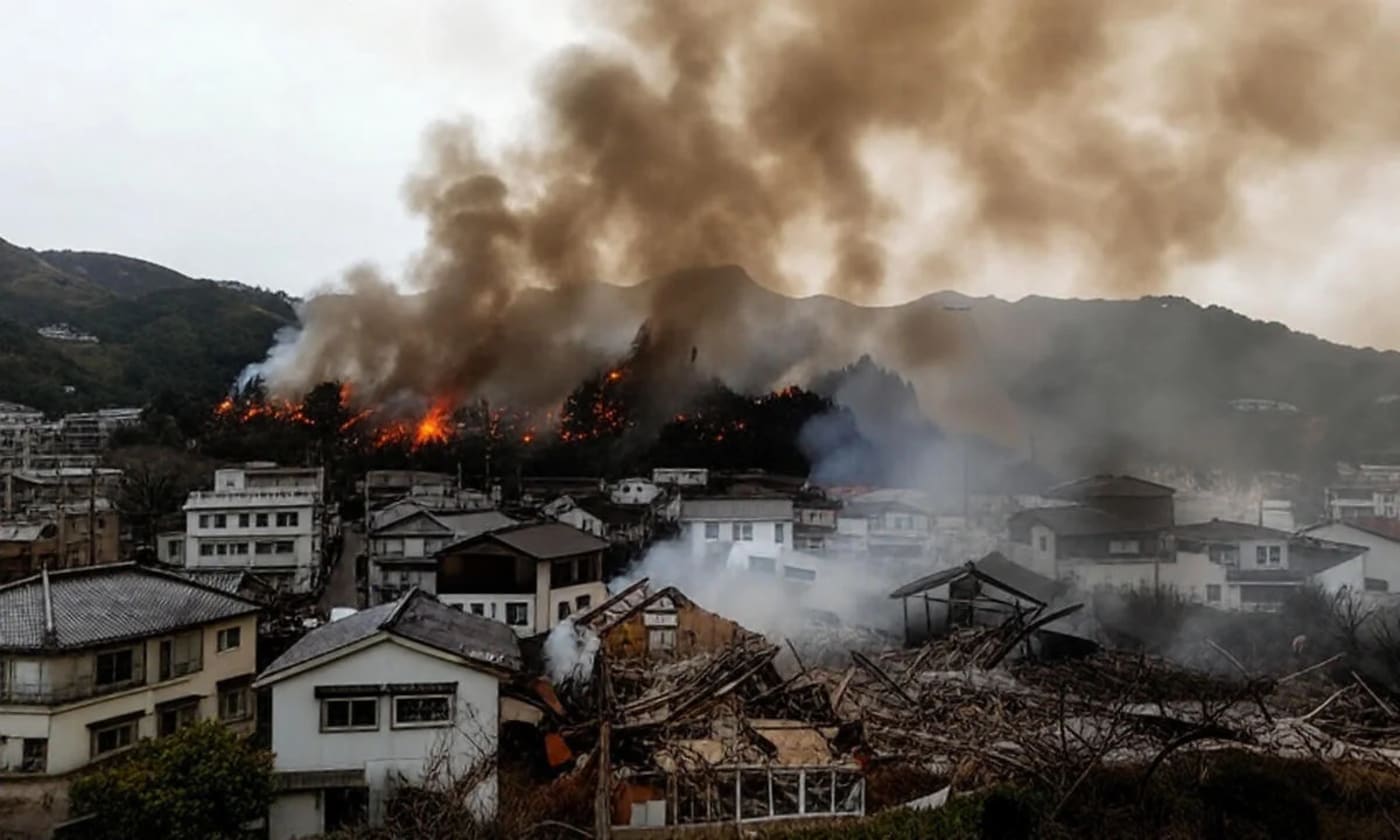 Vista aérea de un barrio, Japón, arrasado por un incendio masivo, con casas destruidas, humo espeso y llamas aún activas en la ladera cercana