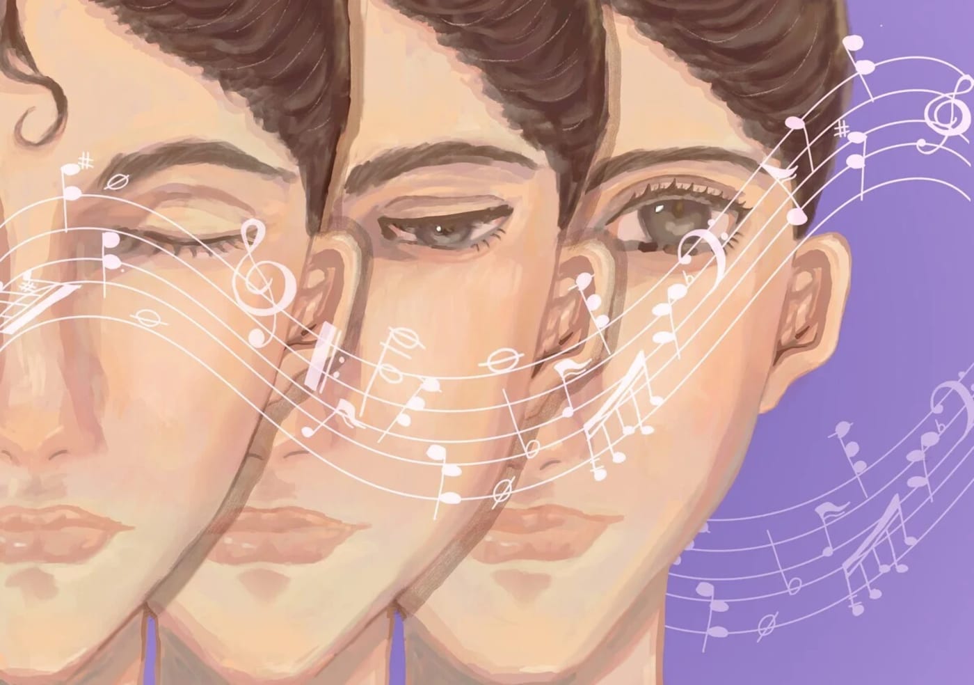 Primer plano de una mujer con los ojos moviéndose suavemente al compás de una melodía que suena de fondo