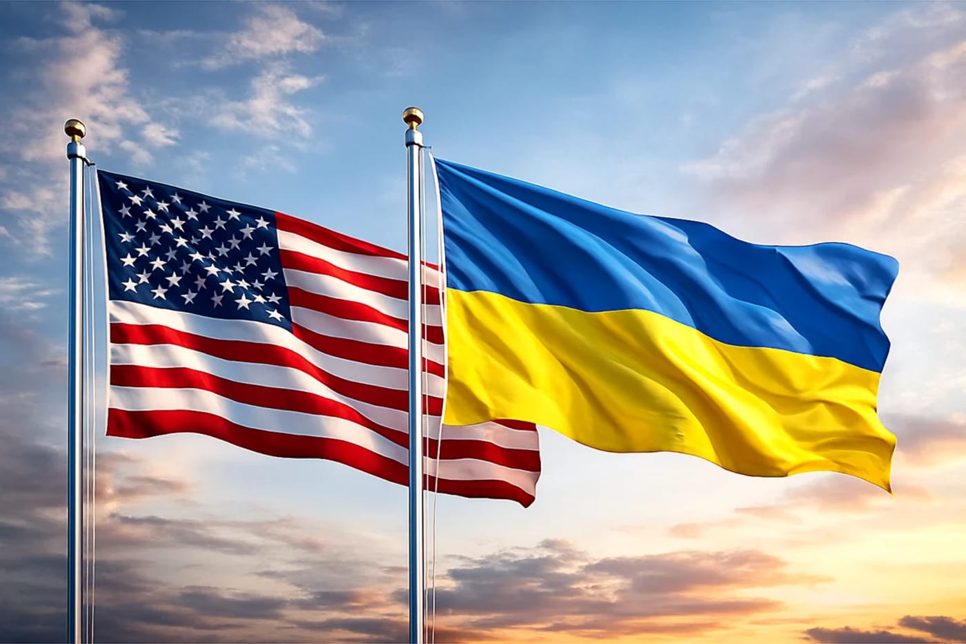 Banderas de Estados Unidos y Ucrania ondeando juntas bajo un cielo azul
