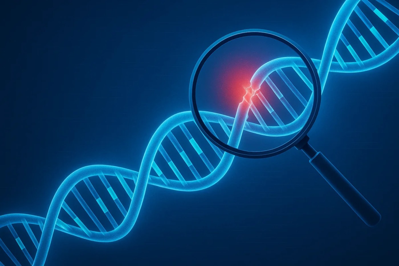 cadena de ADN con una mutación resaltada en rojo bajo una lupa, simbolizando puntos críticos de cambio en el genoma humano