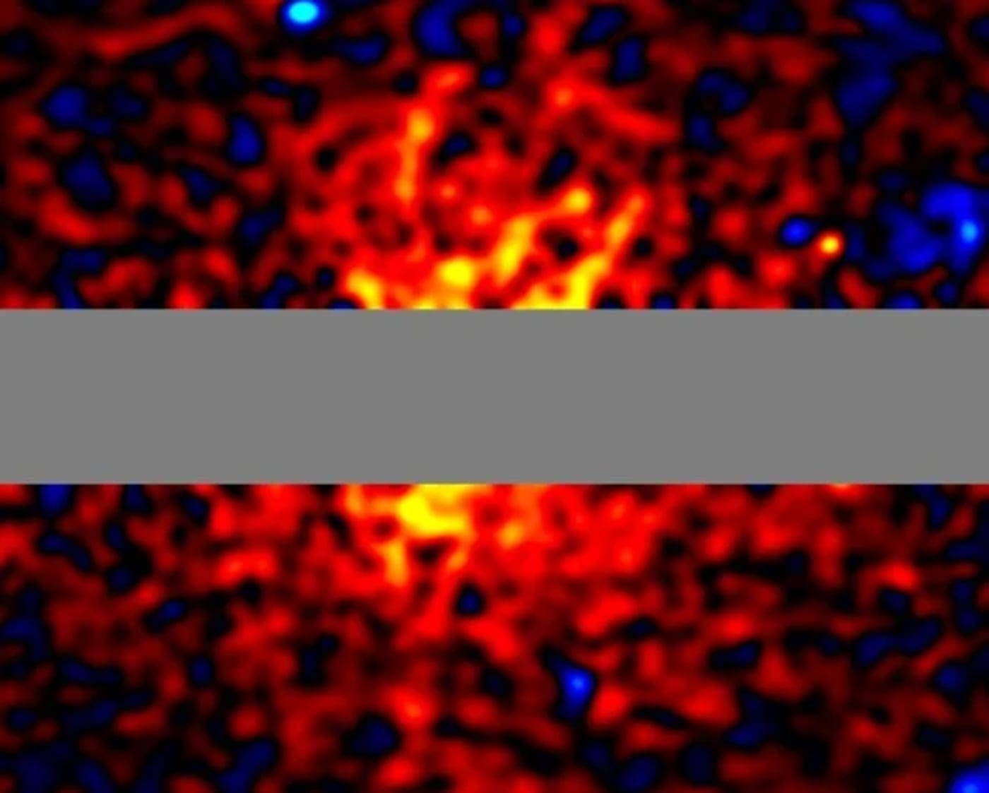 Mapa de intensidad de rayos gamma centrado en el halo galáctico, con la franja del plano galáctico excluida