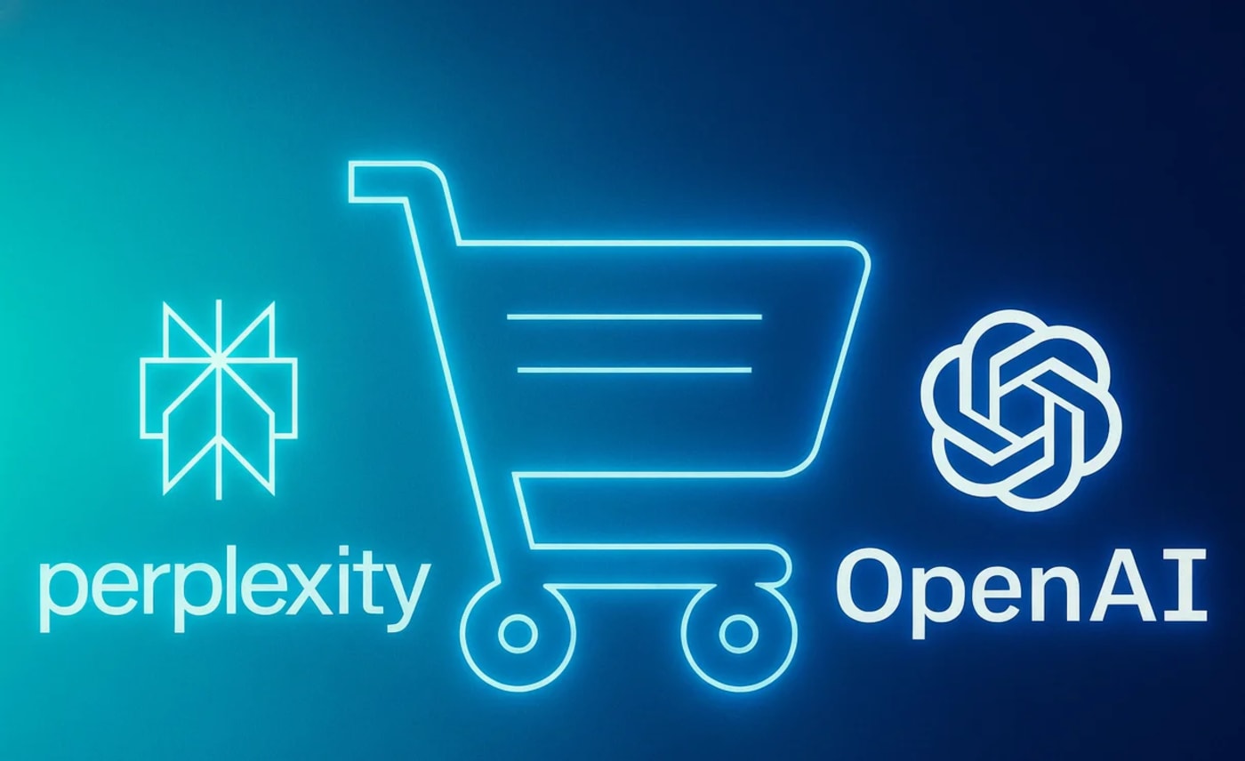 Ilustración con un carrito de compra iluminado junto a los logotipos de Perplexity y OpenAI sobre un fondo azul.