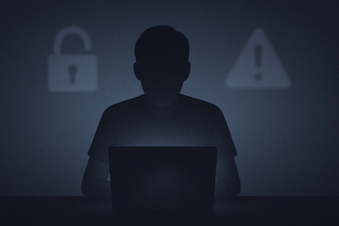 Silueta joven ante un portátil con símbolos borrosos de seguridad en un fondo oscuro