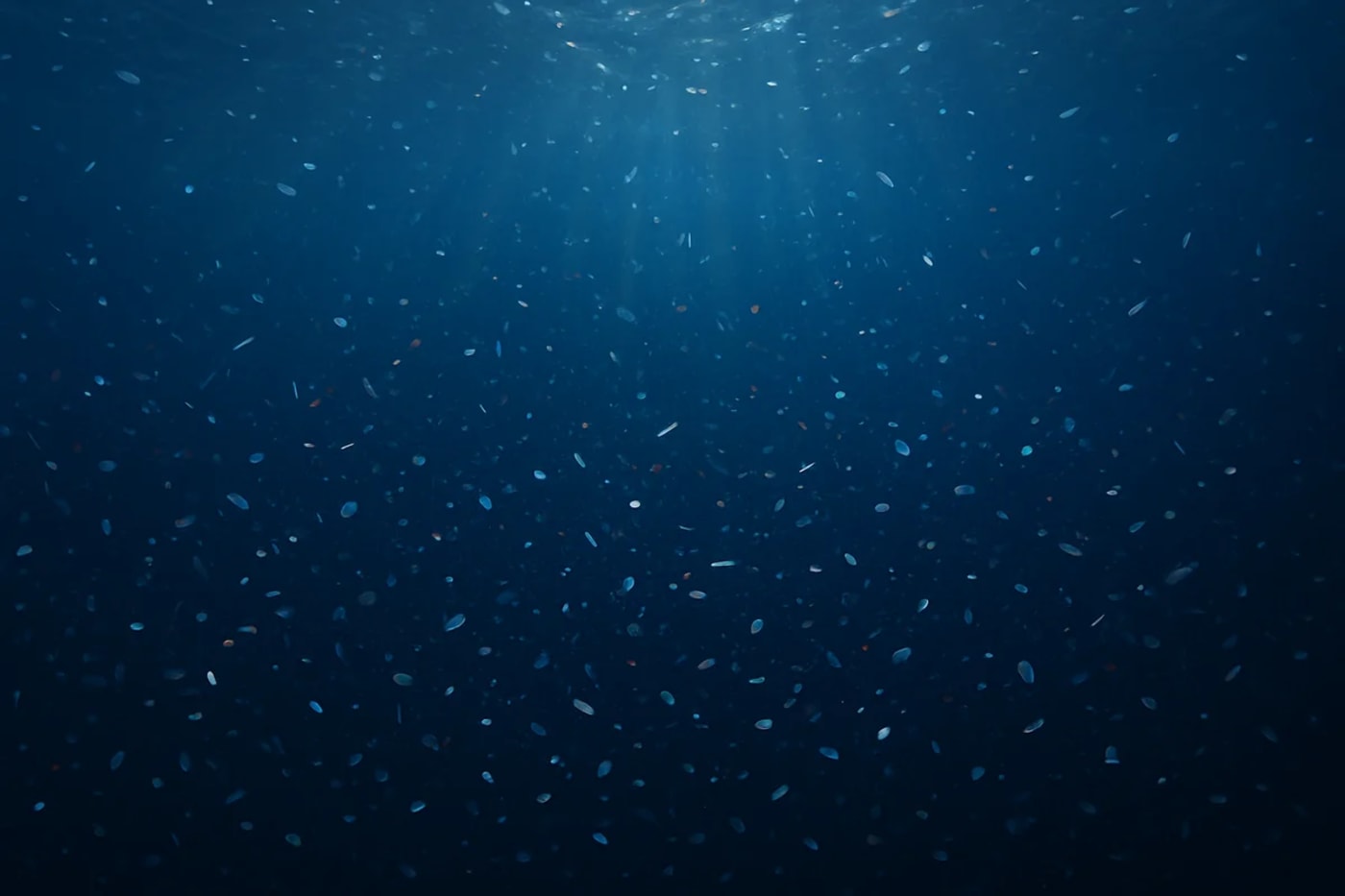 Vista submarina con microplásticos suspendidos iluminados por haces de luz desde la superficie