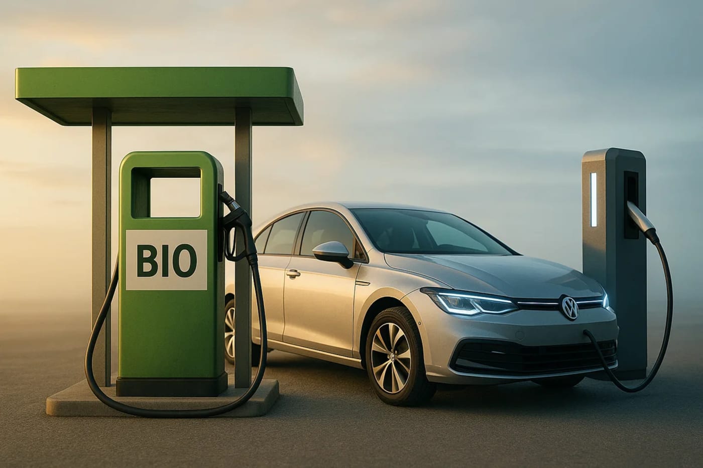 Surtidor verde de biocombustible junto a un coche eléctrico conectado a su cargador