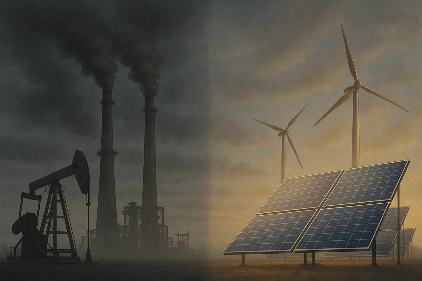 Chimeneas industriales con humo oscuro frente a paneles solares y turbinas eólicas iluminados por luz cálida
