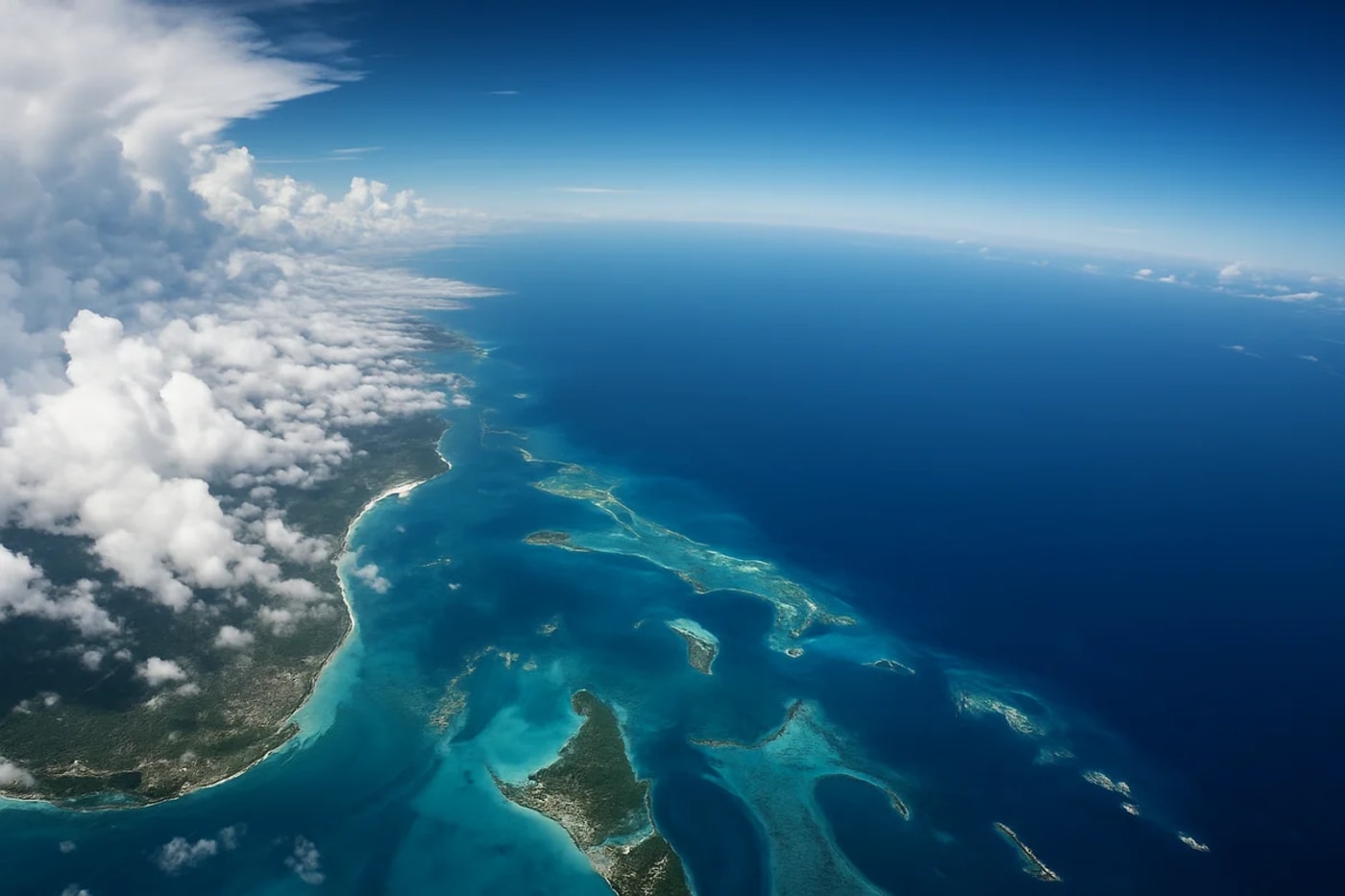 Vista aérea del Caribe con mar turquesa, zona despejada y nubes densas marcando el contraste entre aire seco y húmedo