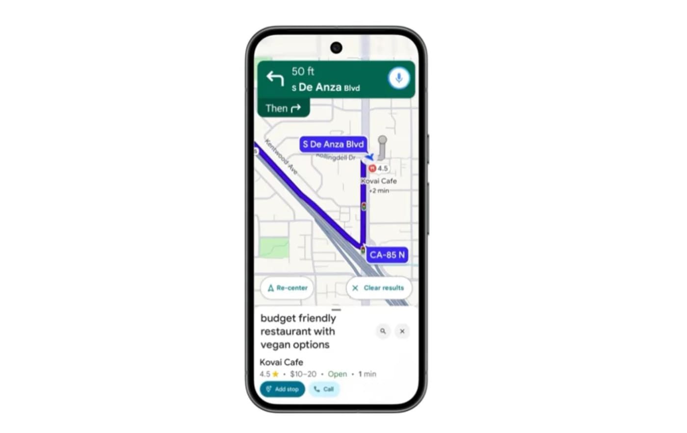 Nueva interfaz de Google Maps mostrando una ruta con indicaciones y búsqueda asistida por IA en un smartphone