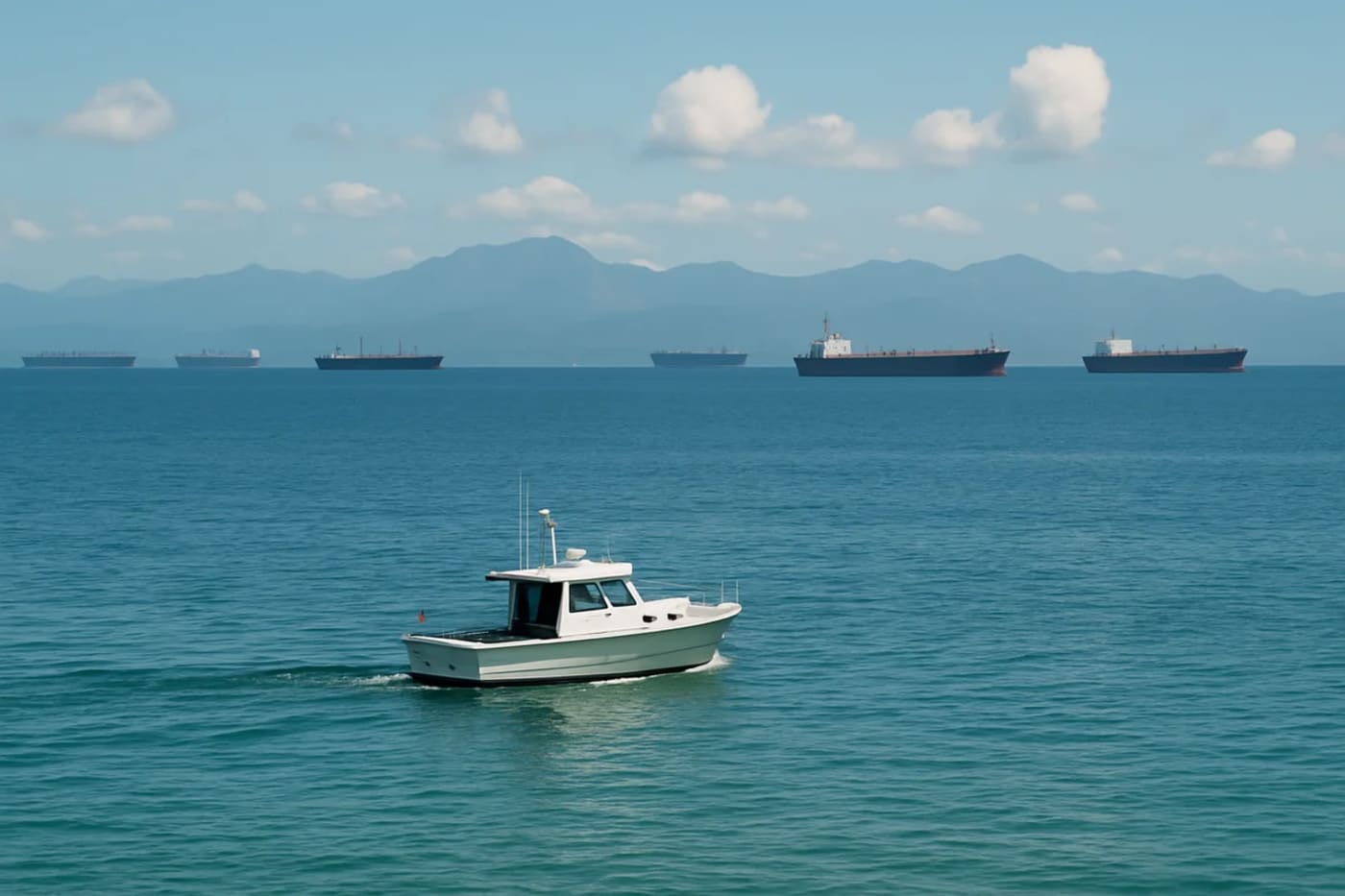 Barco pequeño navegando sobre aguas verde-azuladas, con varios cargueros alineados en el fondo