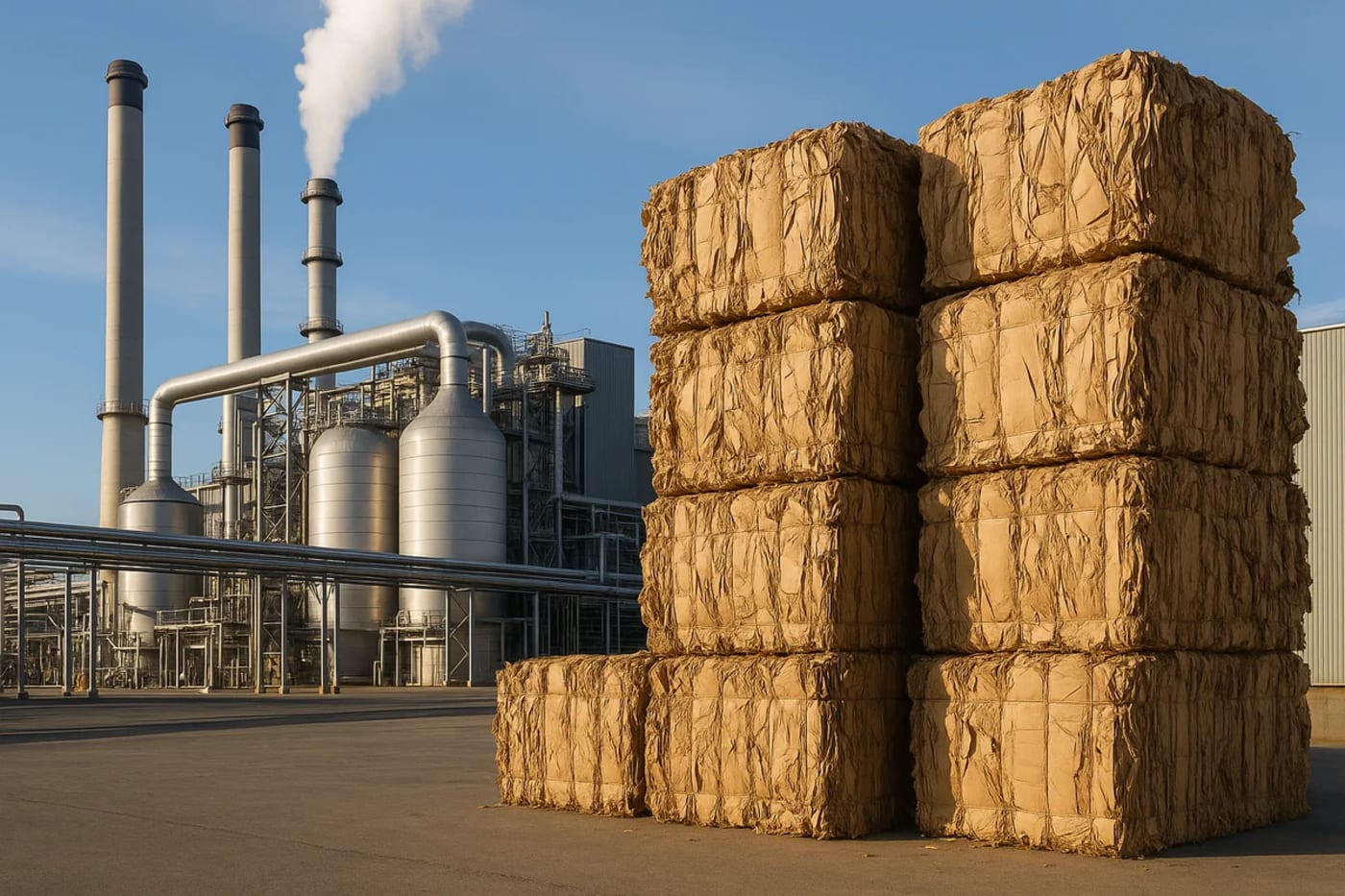 Montones de cartón prensado en primer plano, con una planta industrial moderna al fondo