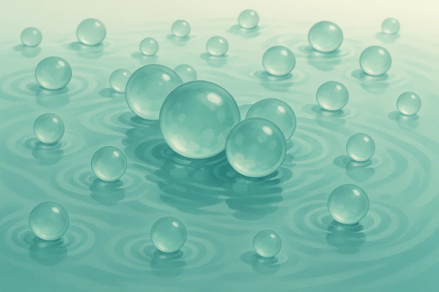 Esferas de gel semitransparentes flotando sobre una superficie líquida azul verdosa con ondas suaves