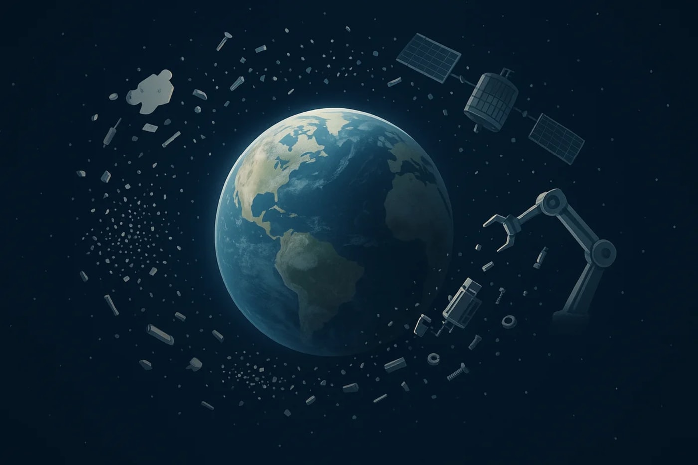 La Tierra rodeada de desechos espaciales, con un satélite envejecido y un brazo robótico recuperando fragmentos en órbita
