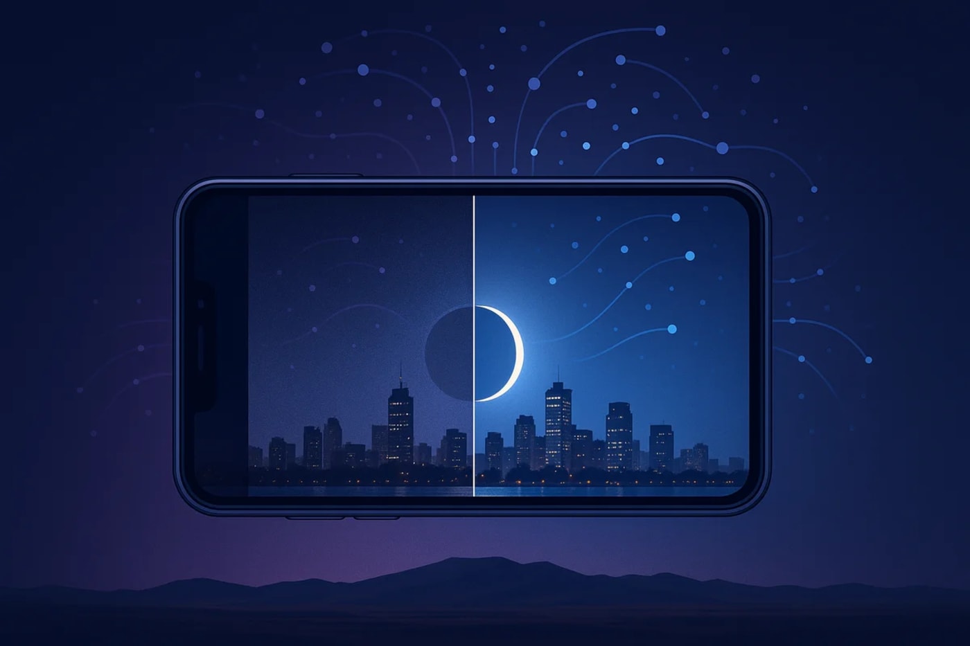 Móvil con una foto dividida entre versión con ruido y versión mejorada por IA