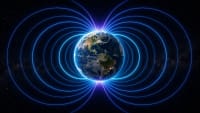 Campo magnético terrestre rodeando la Tierra en el espacio