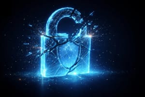 Candado digital azul fragmentándose sobre fondo oscuro