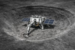 Maquinaria de minería lunar operando con la Tierra al fondo
