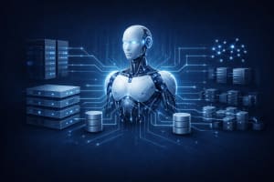 Humanoide de IA conectado a servidores y capas de software.