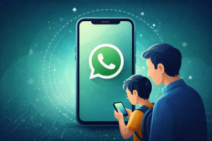 Padre supervisando a un niño usando WhatsApp en el móvil.