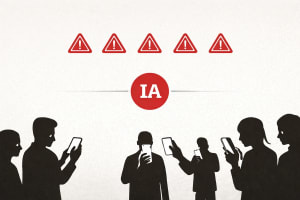 Siluetas de personas mirando móviles bajo iconos de advertencia y un símbolo “IA”