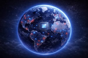 Planeta Tierra con redes digitales y chip de inteligencia artificial