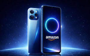 Teléfono inteligente con interfaz de Amazon sobre fondo tecnológico