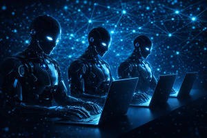 Tres robots humanoides usando portátiles en una red digital azul