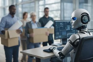 Robot trabajando en oficina mientras empleados salen con cajas