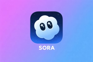 Logo de Sora con nube estilizada sobre fondo degradado en tonos azul y púrpura