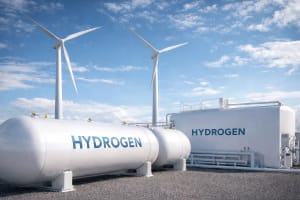 Depósitos de hidrógeno junto a aerogeneradores en planta energética