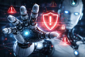 Mano robótica con iconos de alerta y ciberseguridad en fondo digital oscuro