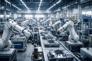 Robots industriales trabajando en fábrica automatizada