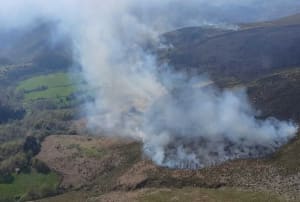 Incendio forestal activo con humo denso extendiéndose sobre una zona rural